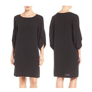 NWTS Eileen Fisher Black Silk Georgette Crepe Ballet Neck Shift Dress SZ S $375